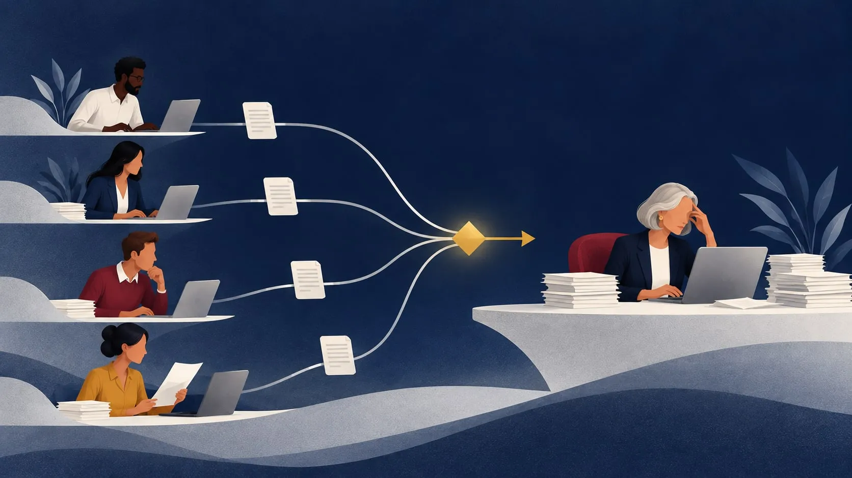 Four people's work funnelling into one overloaded founder