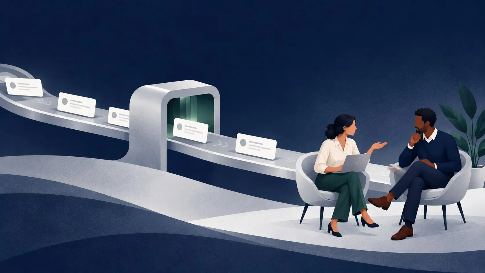 Paperwork running through an automated machine while two people talk