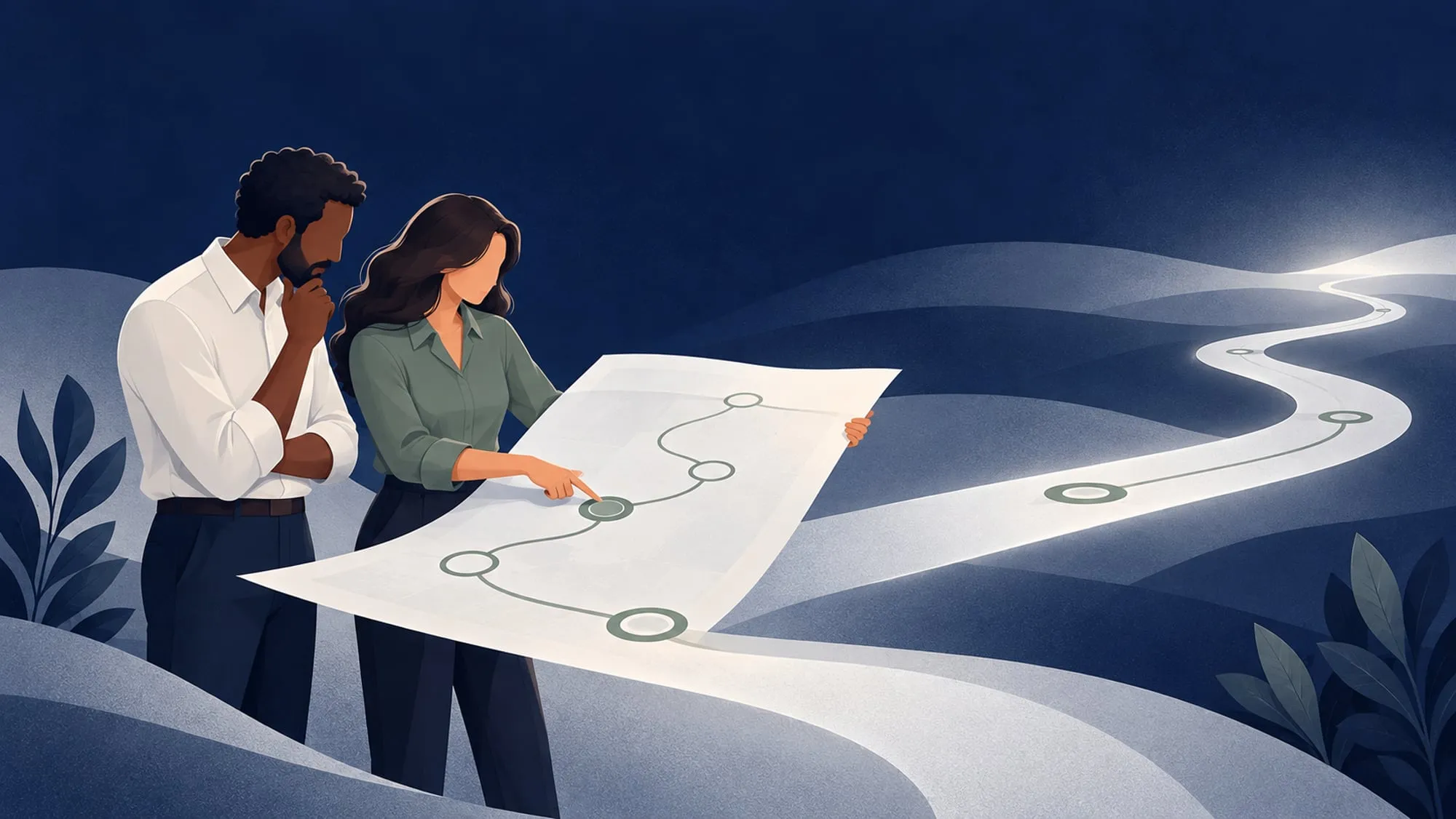 Two people reading a process map that becomes the road ahead